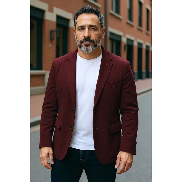 Adolfo Men's Corduroy Blazer Two Button with Elbow Patches Dark Maroon - Picture 1 of 7